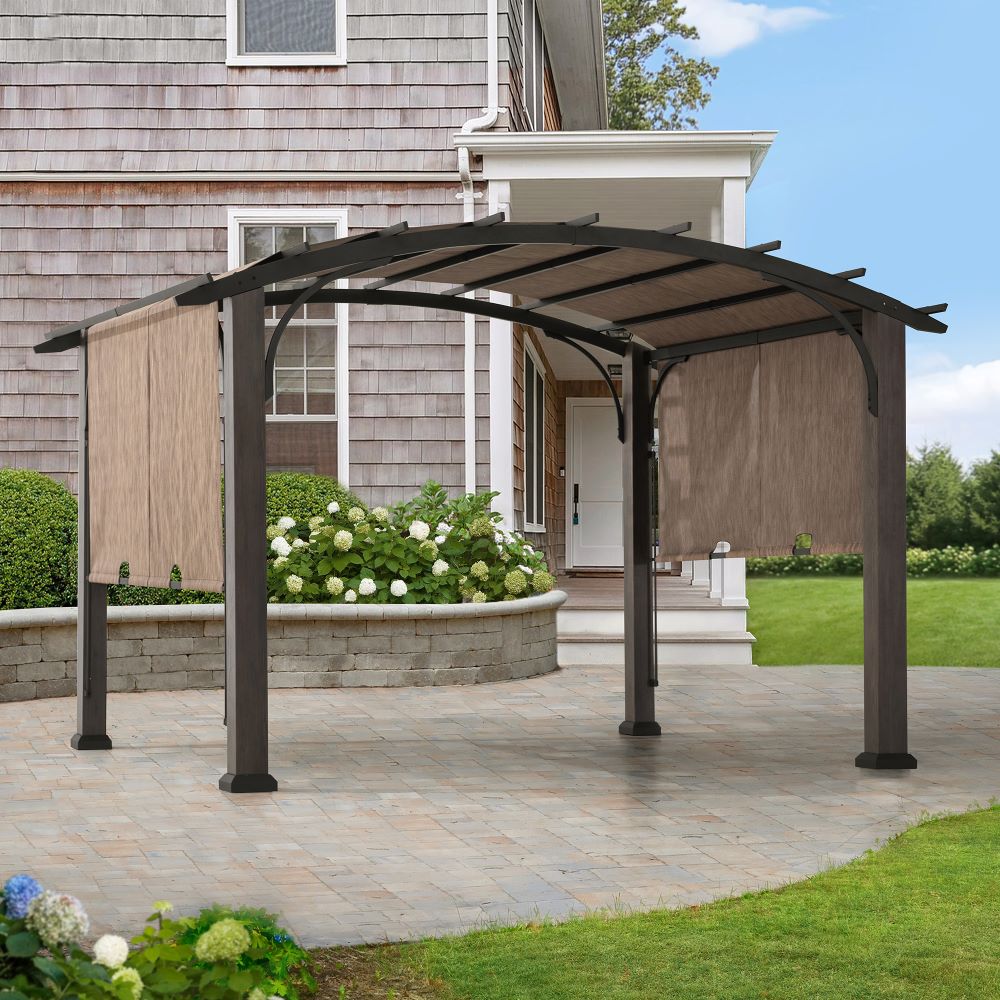 SUNJOY 10x12 Metal Pergola with Retractable Canopy and Curved Roof.