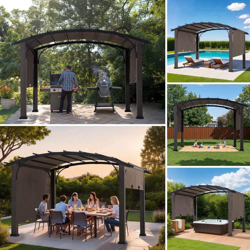 SUNJOY 10x12 Metal Pergola with Retractable Canopy and Curved Roof – Natural Cedar Finish