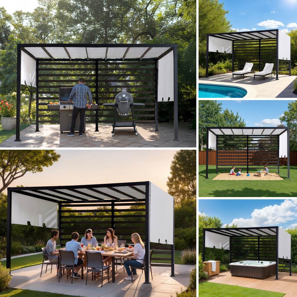 SUNJOY 10x12 Steel Pergola Kit with White Adjustable Canopy and Privacy Wall