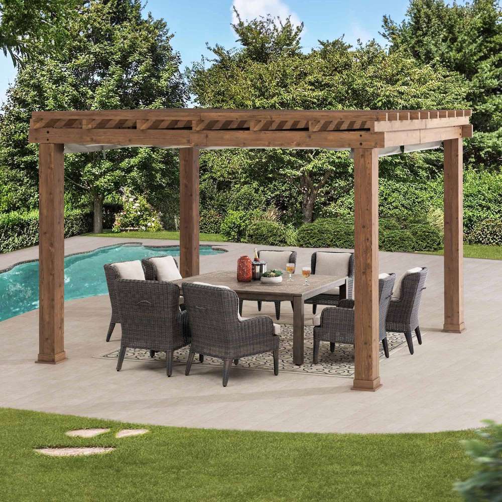 Costco Only-Sunjoy 10.6' x 12.8' Aluminum Pergola, Woodgrain Aluminum Frame Pergola with Retractable Sunbrellaยฎ Fabric Canopy.