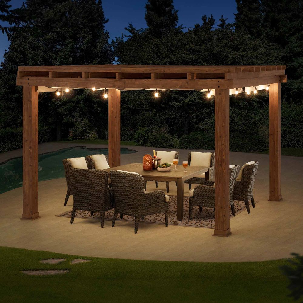 Costco Only-Sunjoy 10.6' x 12.8' Aluminum Pergola, Woodgrain Aluminum Frame Pergola with Retractable Sunbrellaยฎ Fabric Canopy.