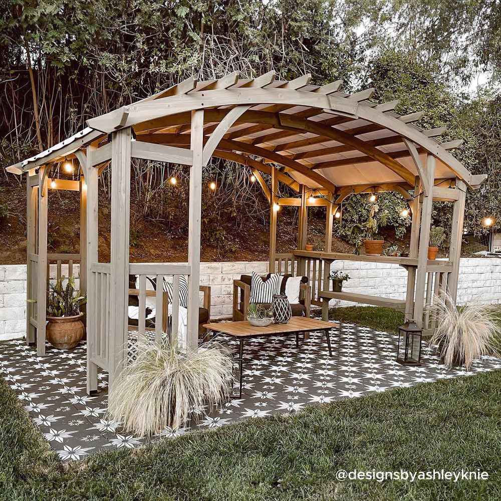 SUNJOY 10x14 Wood Pergola with Sunshade and Shelves.
