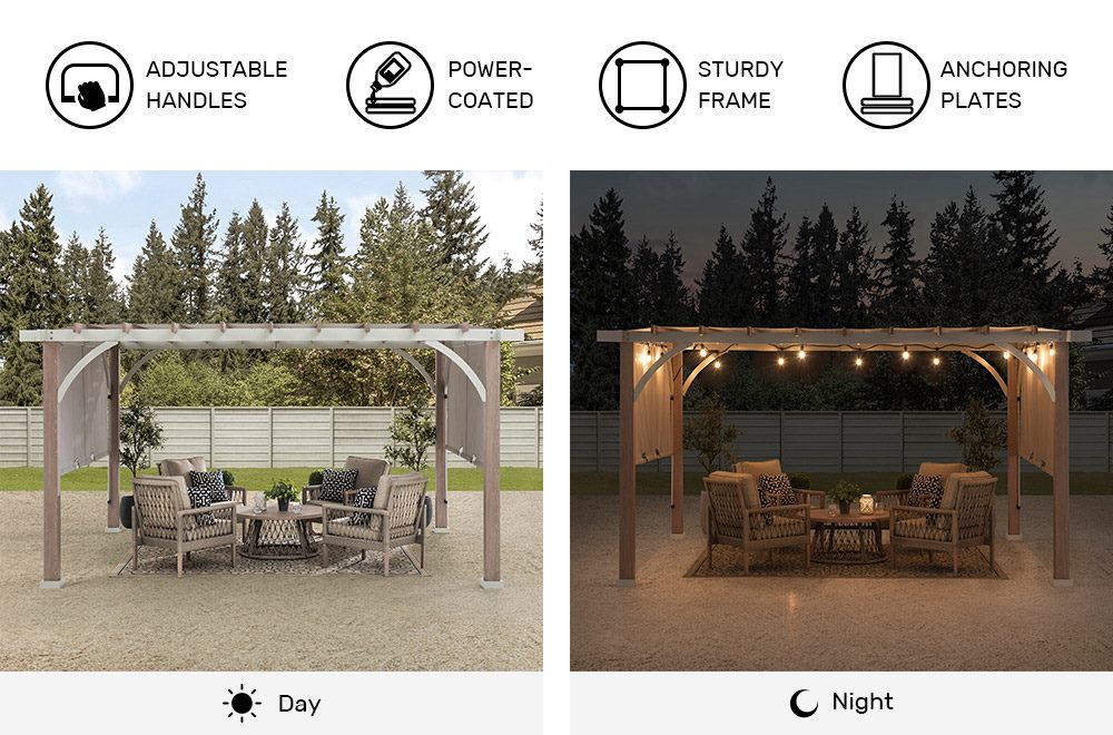 SUNJOY 12x14 Pergola with Sliding Shade Roof & Woodgrain Steel Frame