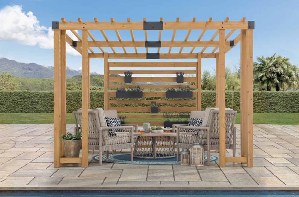 SUNJOY 10x10 Wooden Pergola with Privacy Screen & Hanging Planters