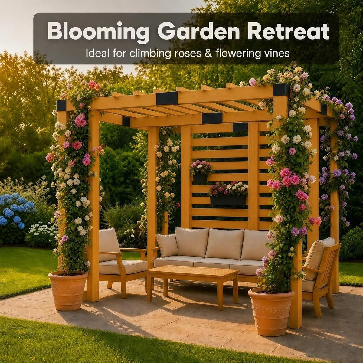 Wooden Pergola with Privacy Screen & Hanging Planters, 10x10