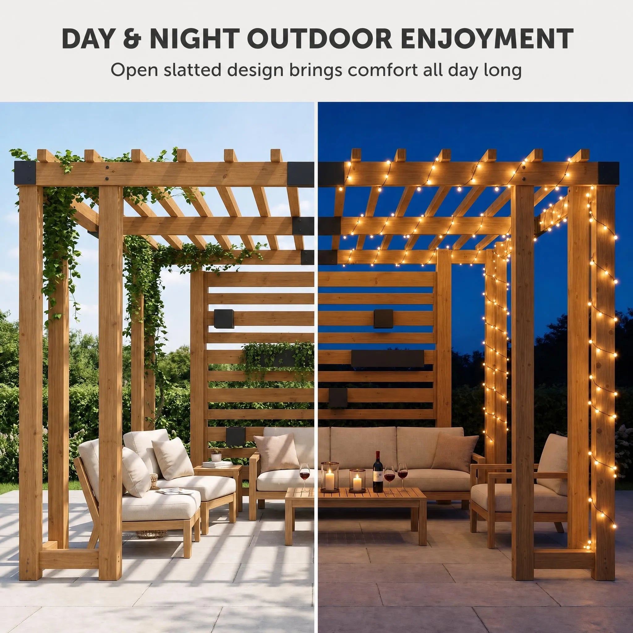 Wooden Pergola with Privacy Screen & Hanging Planters, 10x10
