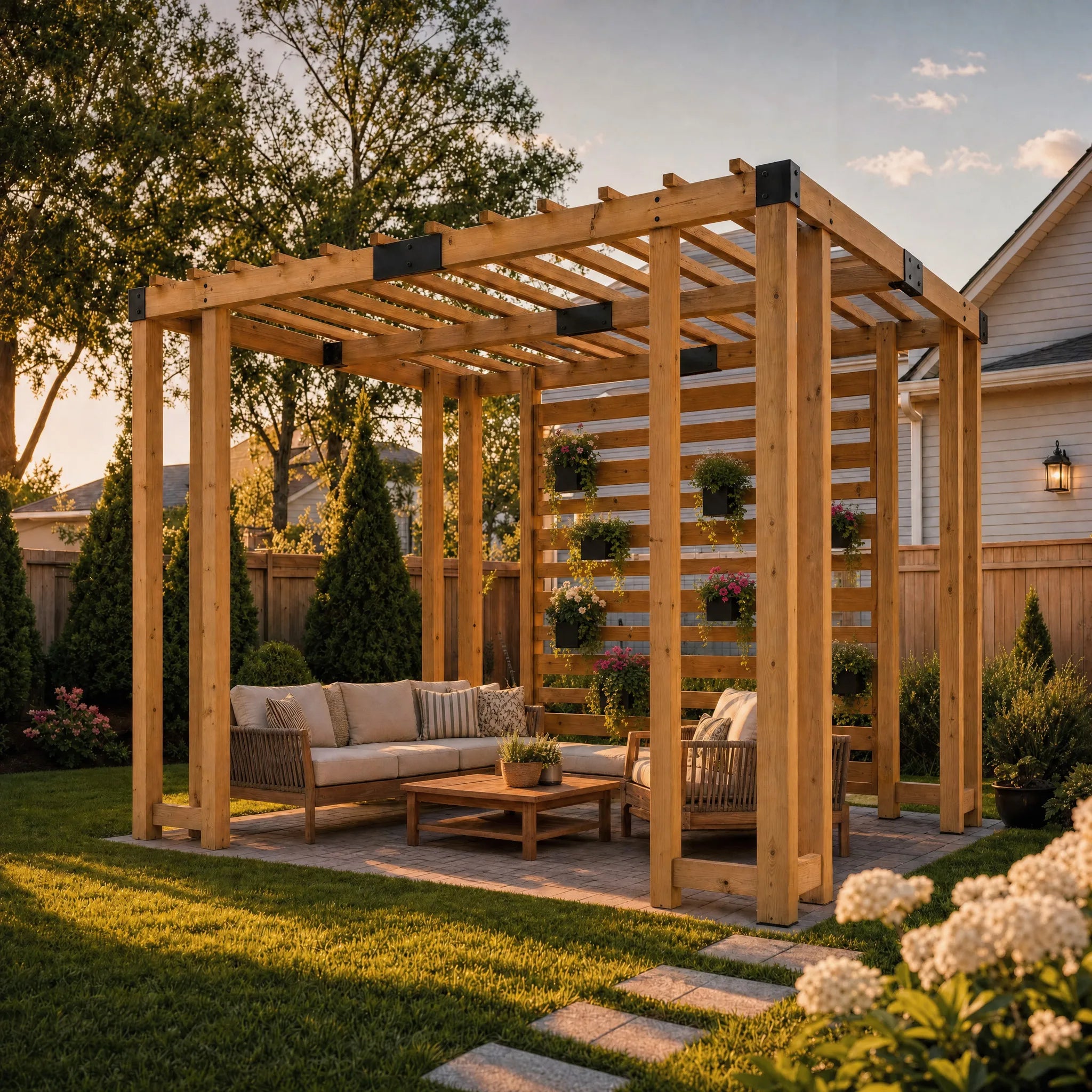 Wooden Pergola with Privacy Screen & Hanging Planters, 10x10