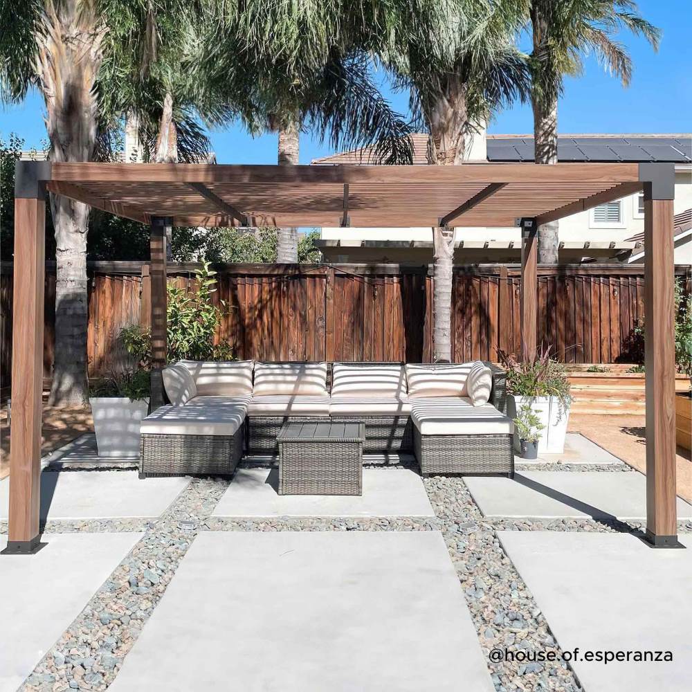 SUNJOY 10x12 Modern Metal Pergola Kit with Nature Wood Grain Finish.