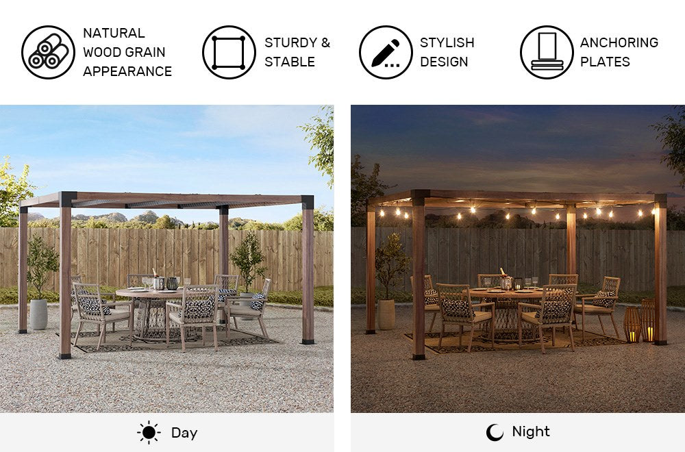 SUNJOY 10x12 Modern Metal Pergola Kit with Nature Wood Grain Finish