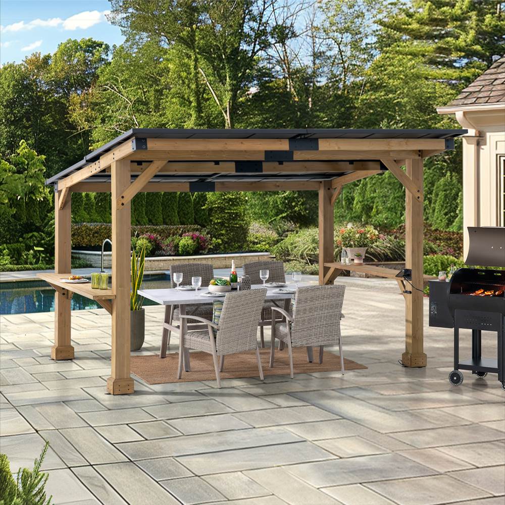 SUNJOY 10x12 Cedar Gazebo Pergola with Bar Shelves and Power Port.
