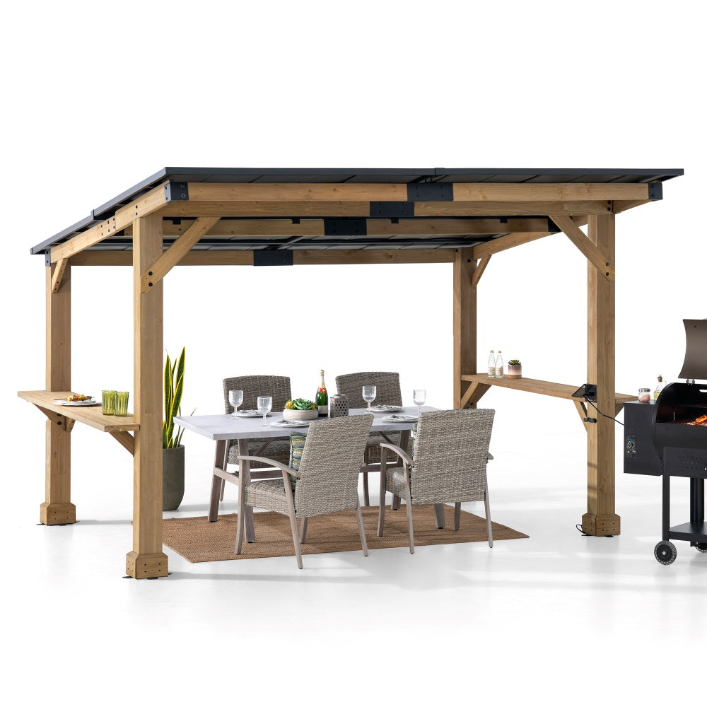 SUNJOY 10x12 Cedar Gazebo Pergola with Bar Shelves and Power Port.