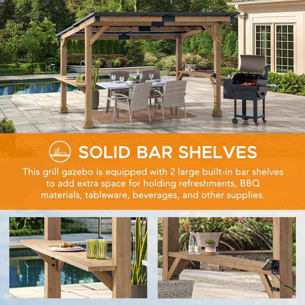 SUNJOY 10x12 Cedar Gazebo Pergola with Bar Shelves and Power Port.