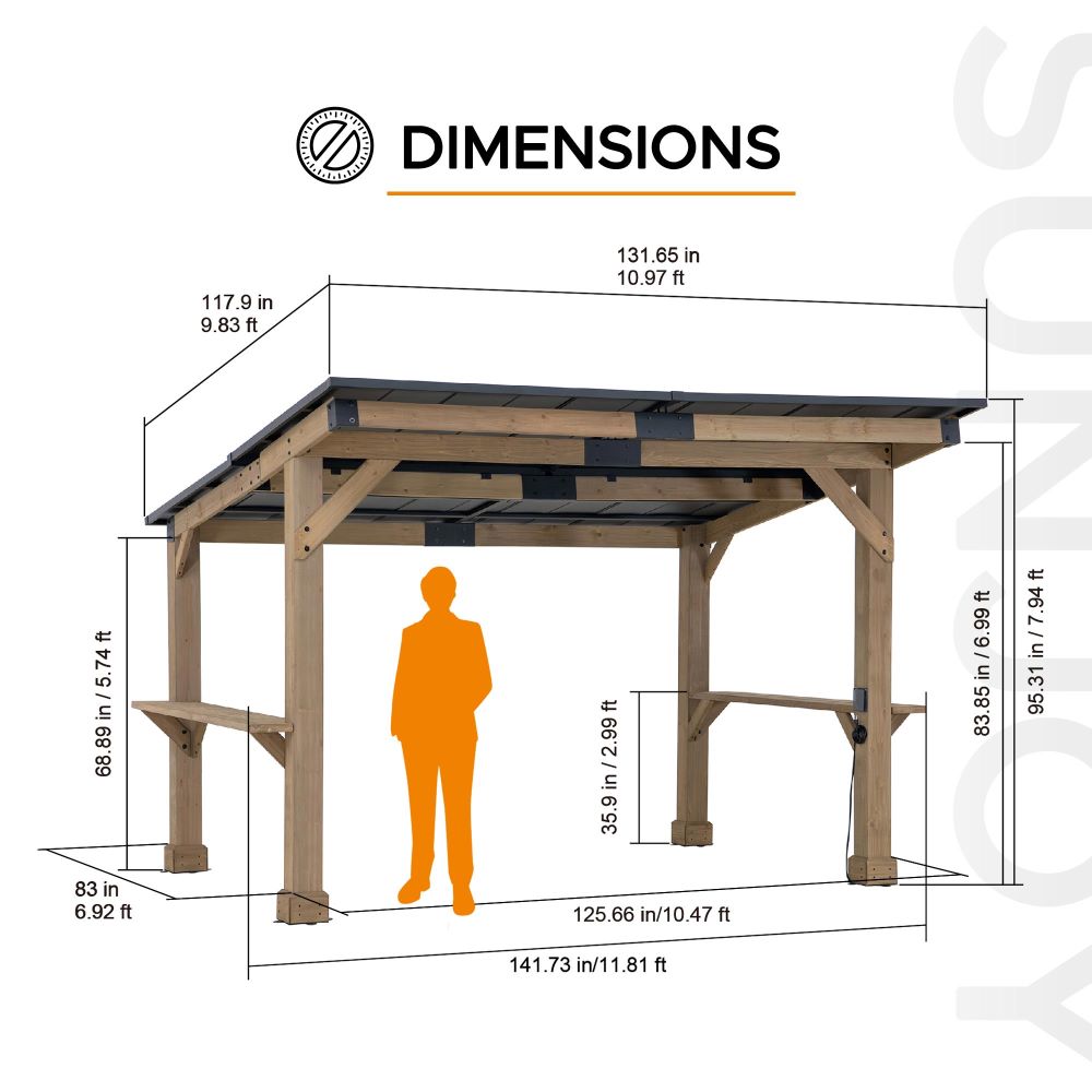 SUNJOY 10x12 Cedar Gazebo Pergola with Bar Shelves and Power Port.