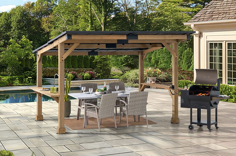 SUNJOY 10x12 Cedar Gazebo Pergola with Bar Shelves and Power Port