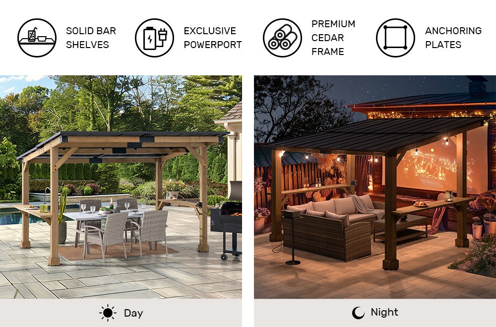 SUNJOY 10x12 Cedar Gazebo Pergola with Bar Shelves and Power Port