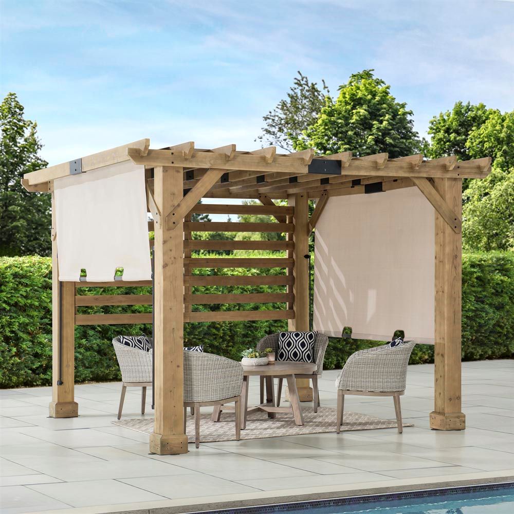 SUNJOY 10x11 Outdoor Wooden Hot Tub Pergola with Adjustable Canopy.