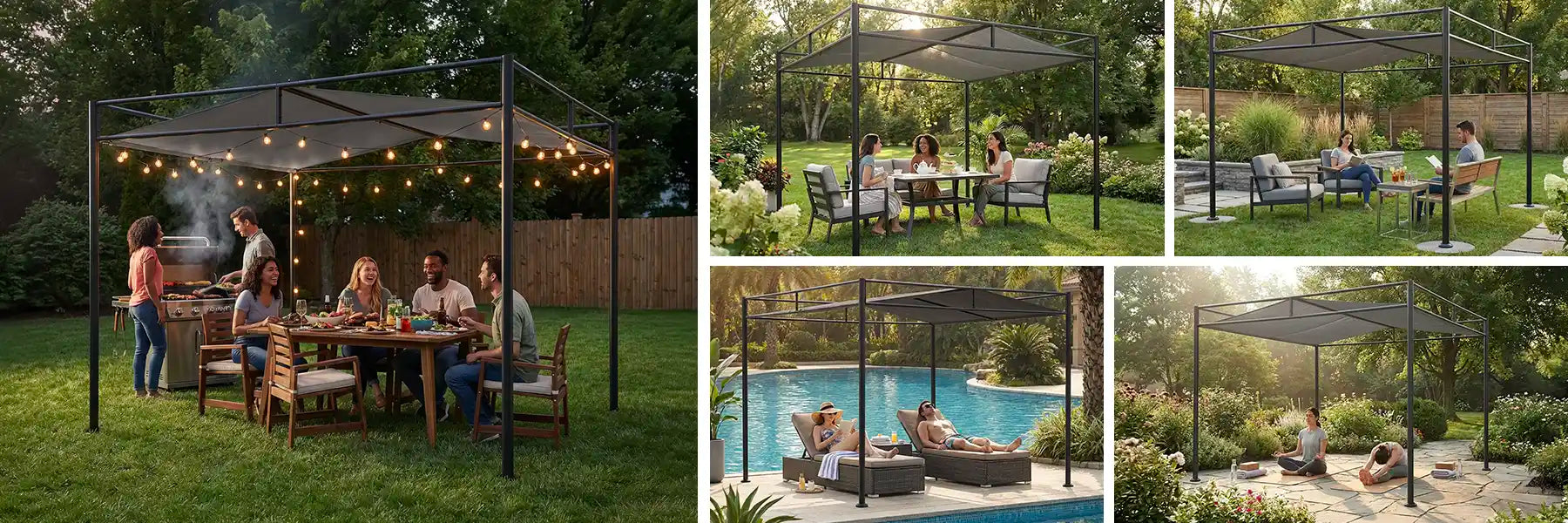 SUNJOY 10x10 Darkeford Metal Pergola with Sling Fabric Canopy - Black