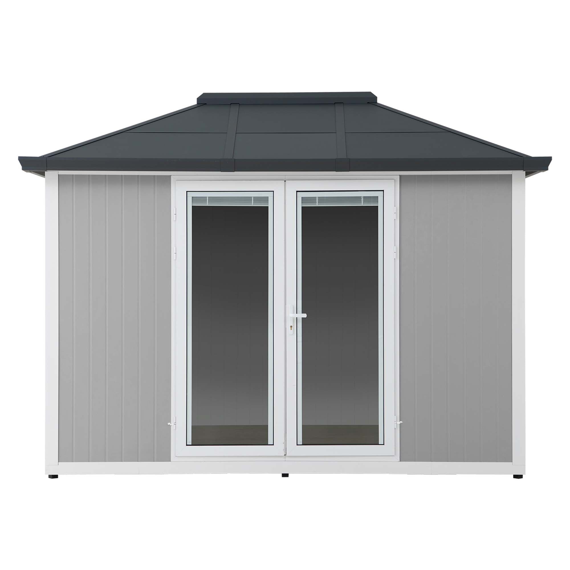 Sunjoy Beyond Shed, 10'x12.6' Backyard Office Shed, Outdoor Storge Shed with Floor, 2 Windows, and Lockable Doors