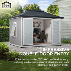 Sunjoy Esquire, Beyond Shed, 10'x12.6' Backyard Office Shed, Outdoor Storge Shed with Floors, 2 Windows, and Lockable Doors.