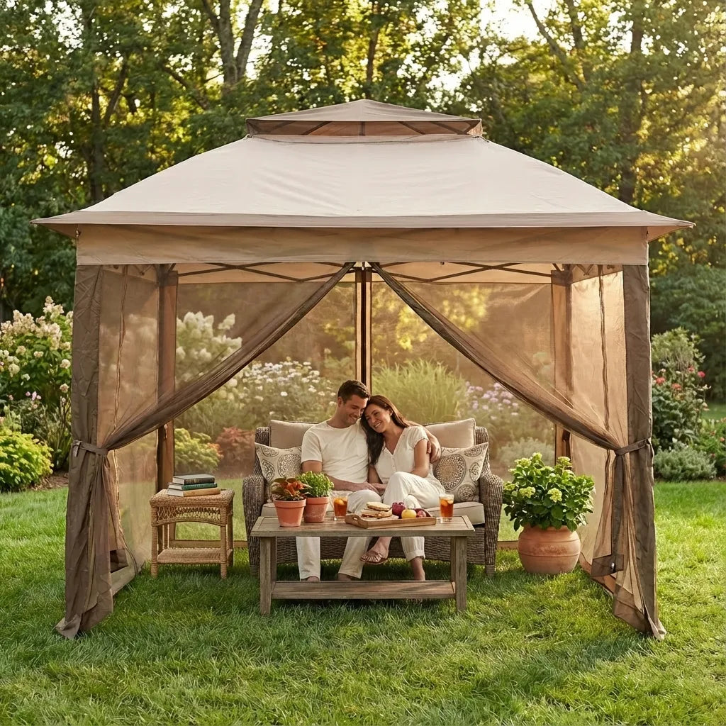 SUNJOY 11x11 Pop Up Gazebo Tent with Netting and Carry Bag - Khaki