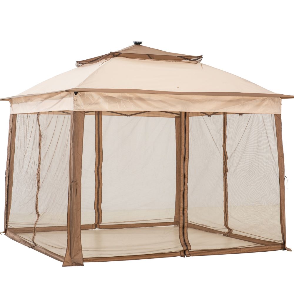 SUNJOY 11x11 Pop Up Portable Gazebo with Solar LED Lights and Netting - Beige & Brown