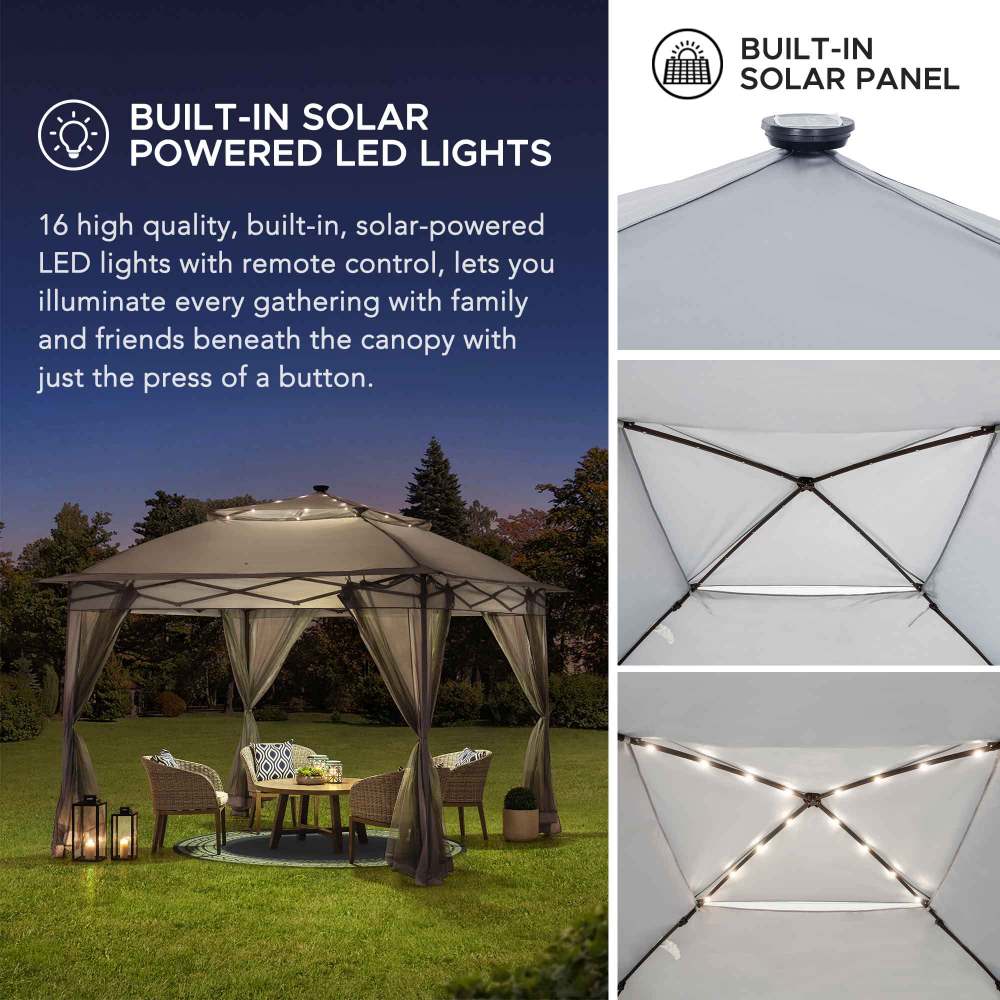 SUNJOY 11x11 Pop Up Portable Gazebo with Solar LED Lights and Netting.