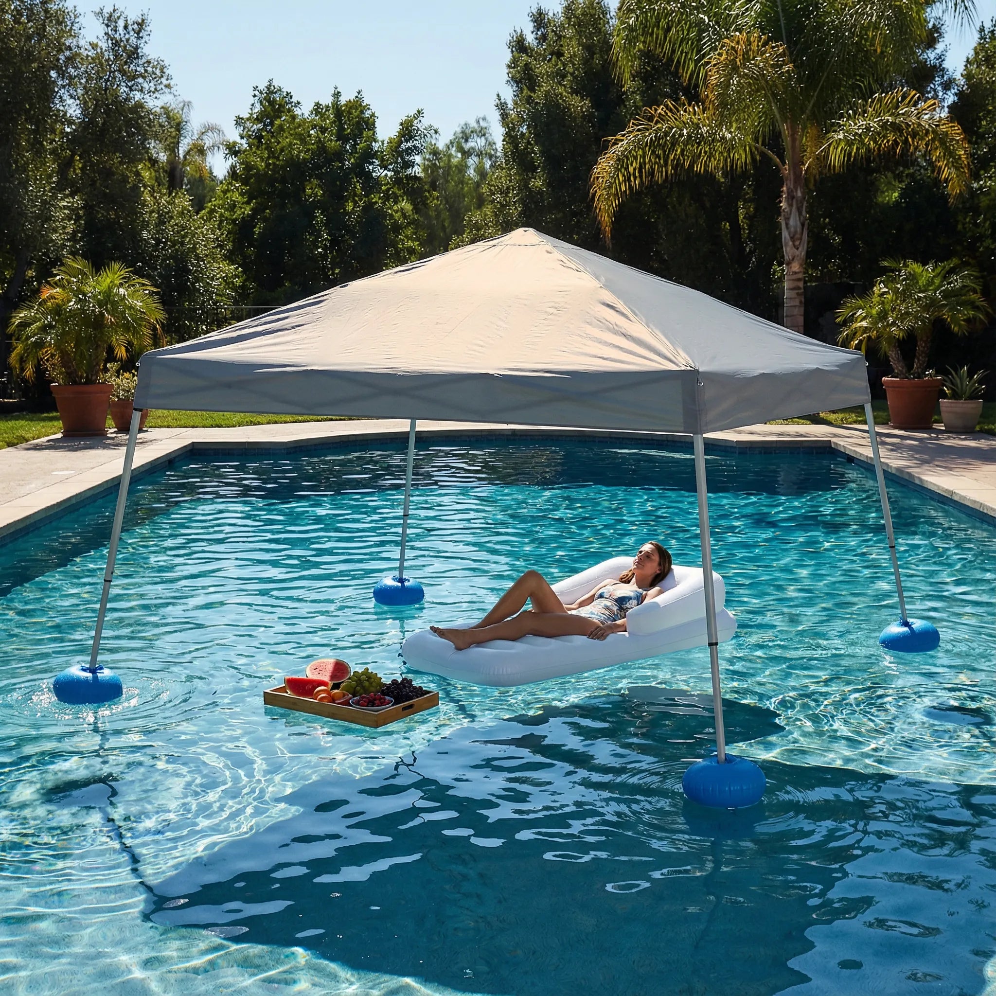 SUNJOY 10x10 Floating Pool Gazebo with PVC Floats and Carry Bag - Gray