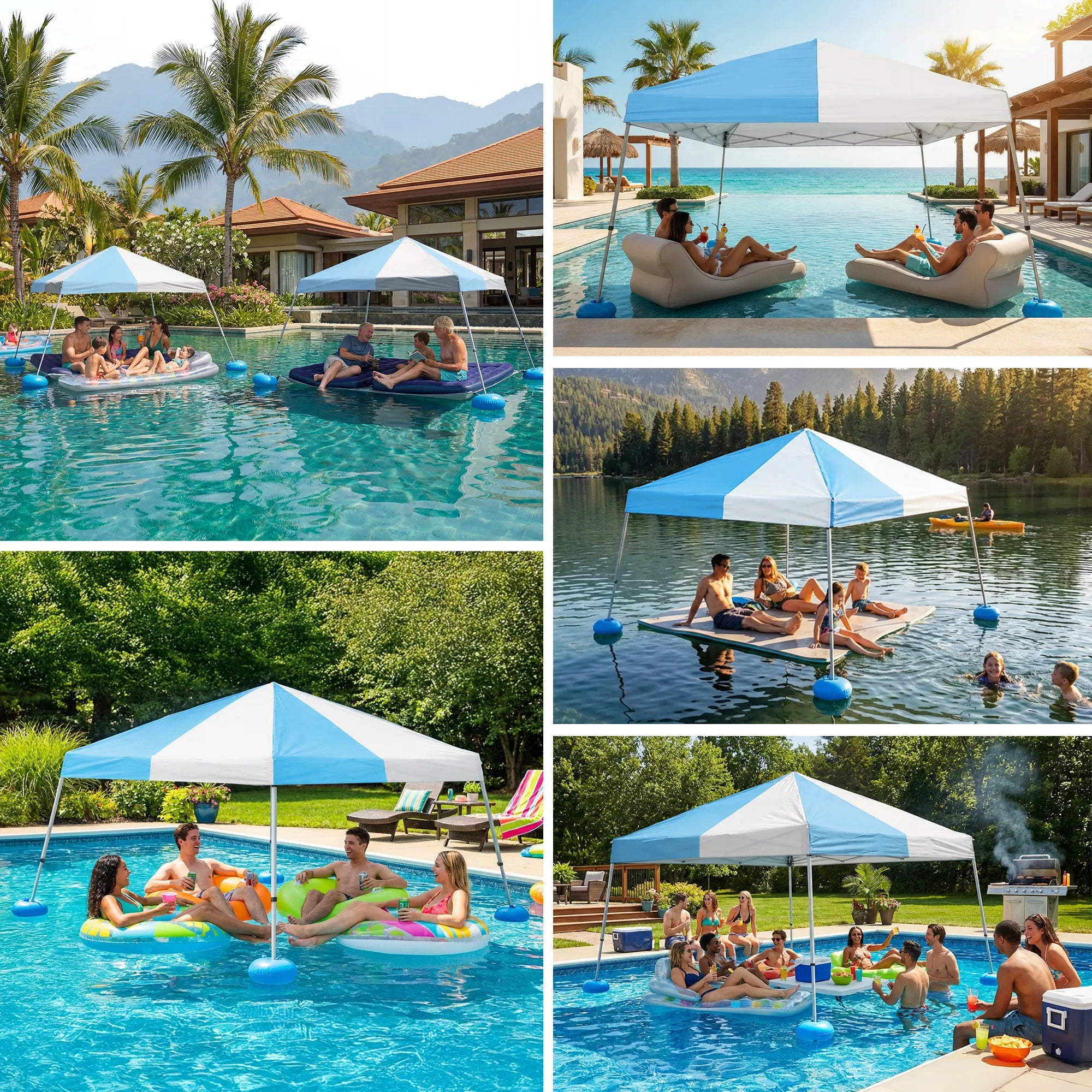 SUNJOY 10x10 Floating Pool Gazebo with PVC Floats and Carry Bag - Gray & Light Blue
