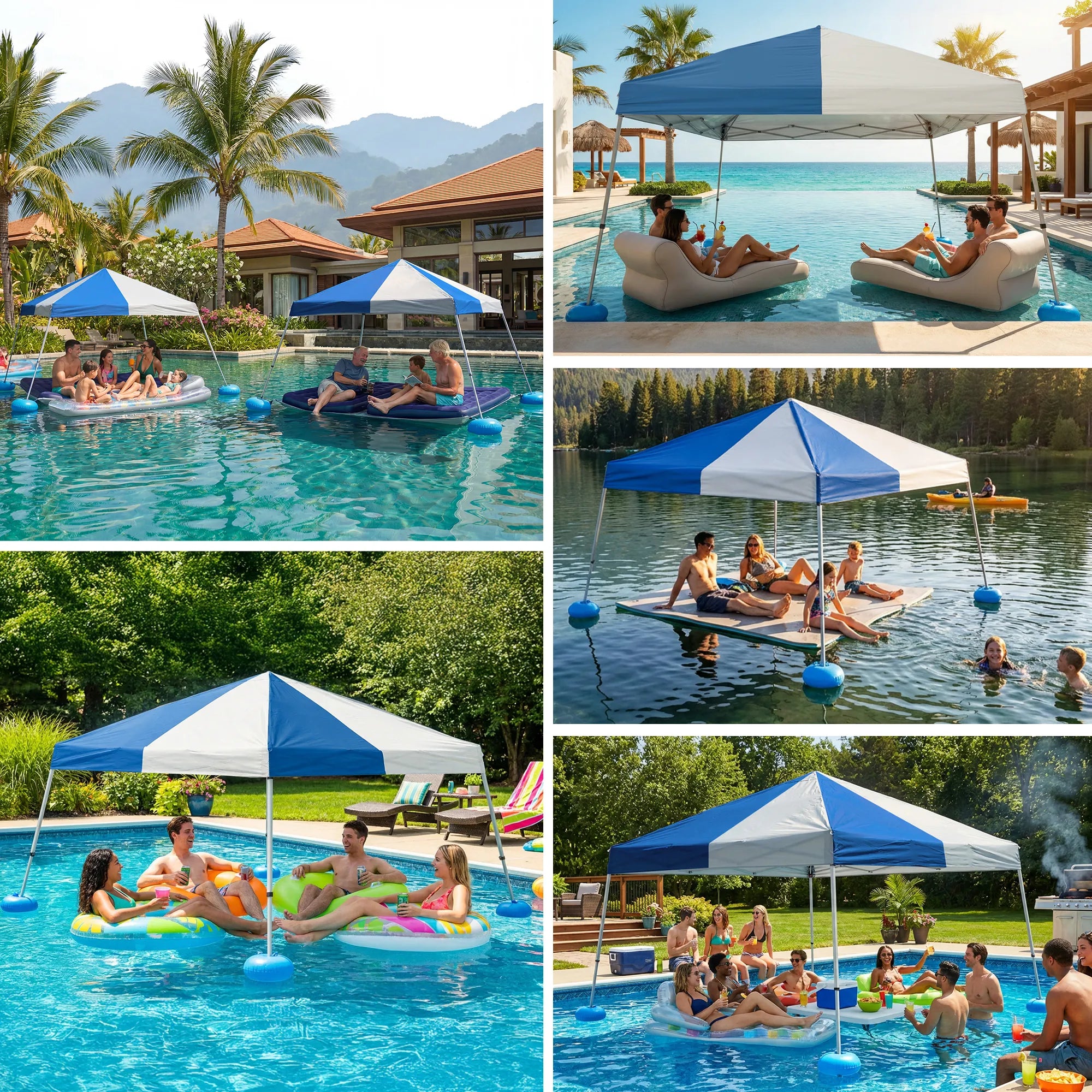 SUNJOY 10x10 Floating Pool Gazebo with PVC Floats and Carry Bag - Gray & Navy