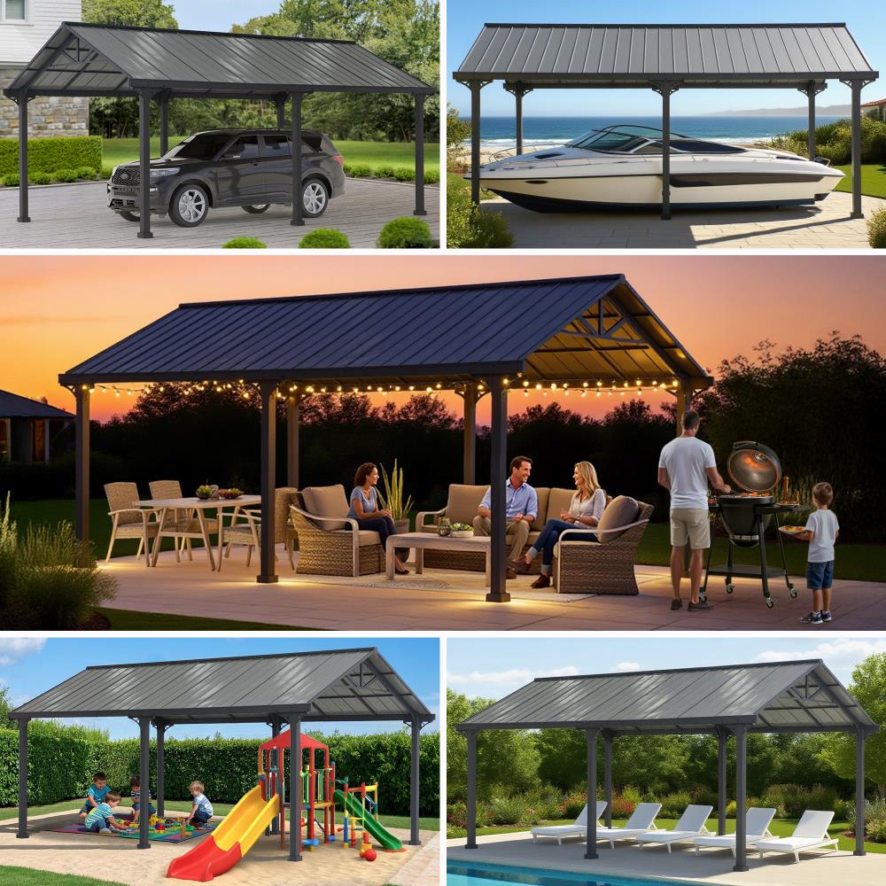 SUNJOY 12x20 Metal Carport Gable Roof Gazebo with 2 Ceiling Hooks
