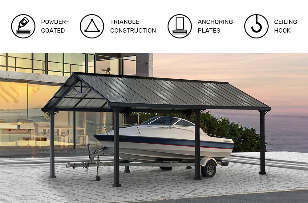 SUNJOY 12x20 Metal Carport Gable Roof Gazebo with 2 Ceiling Hooks