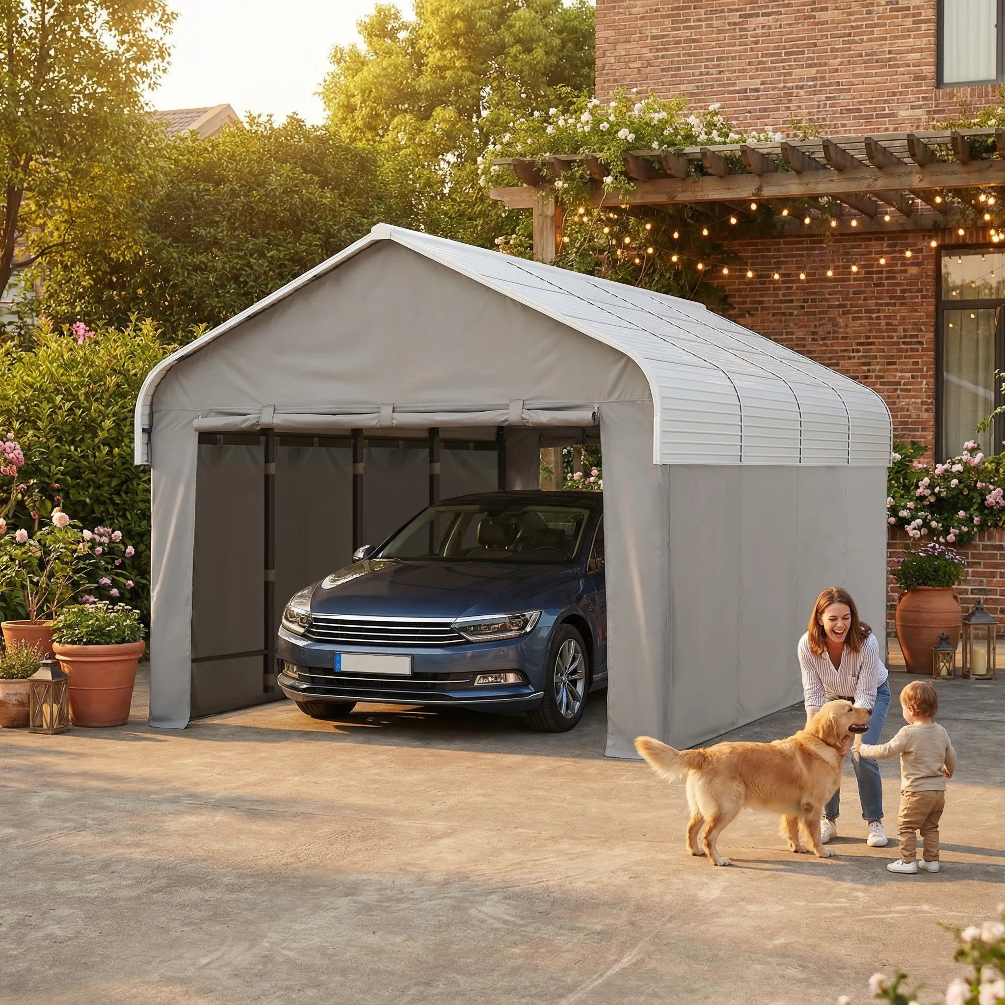 SUNJOY 12x20 Enclosed Carport Kit Metal Roof Gazebo with Fabric Cover