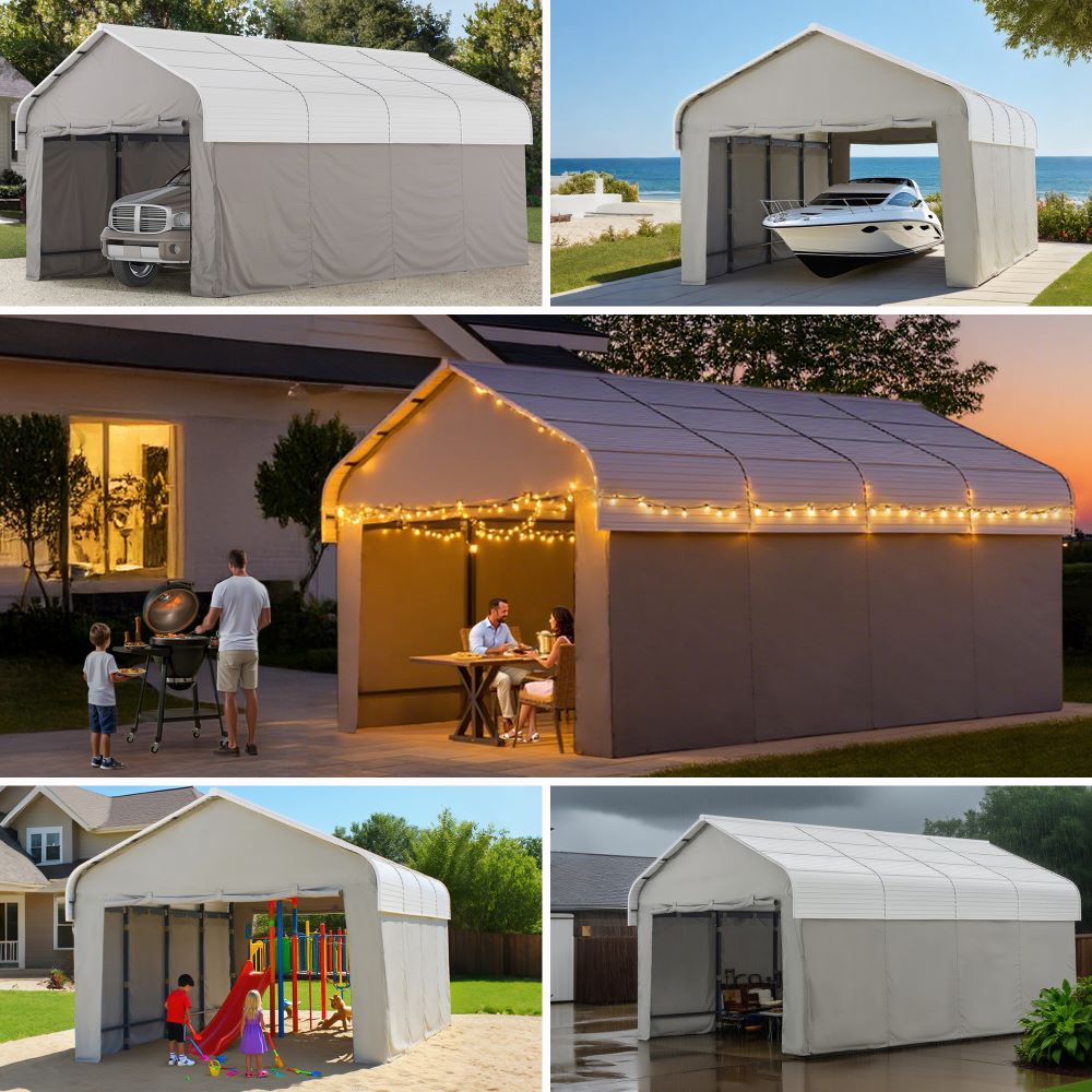 SUNJOY 12x20 Enclosed Carport Kit Metal Roof Gazebo with Fabric Cover