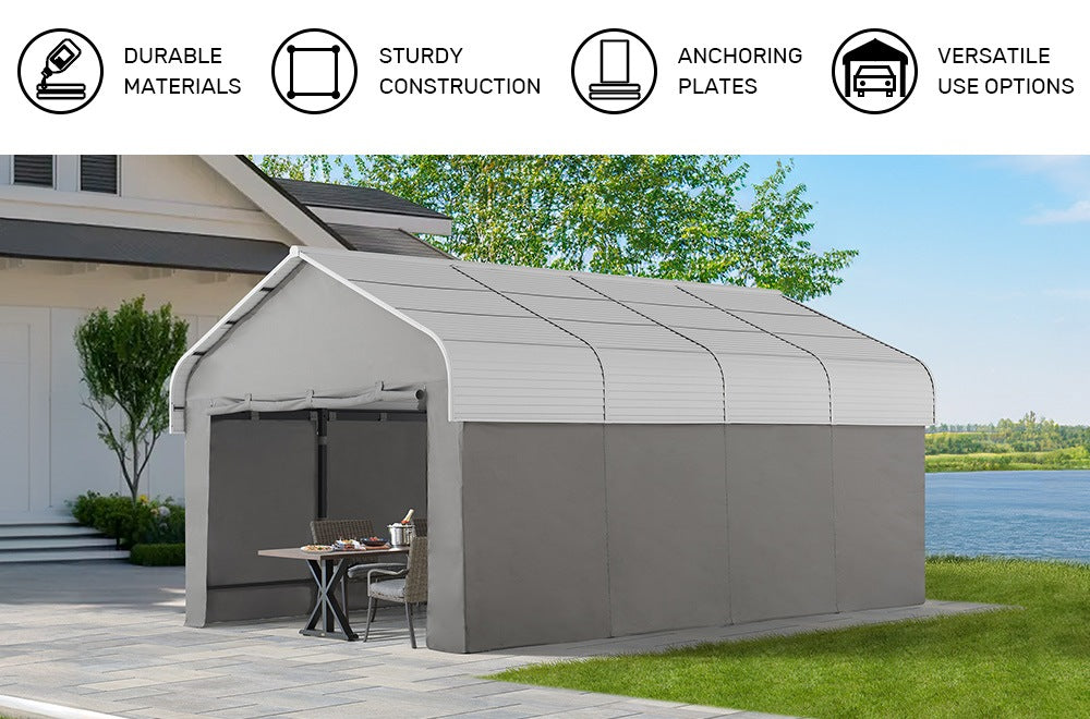 SUNJOY 12x20 Enclosed Carport Kit Metal Roof Gazebo with Fabric Cover