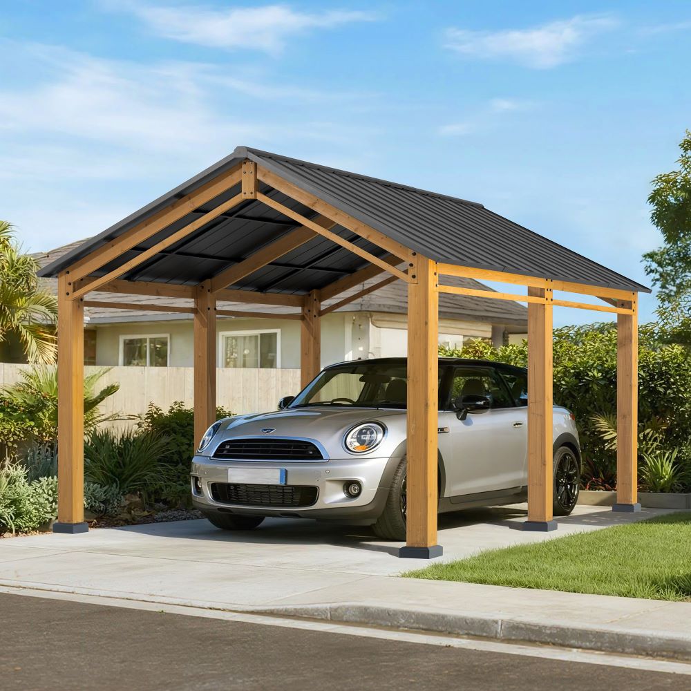 SUNJOY 11x13 Small Wooden Carport Gazebo with Ceiling Hook.
