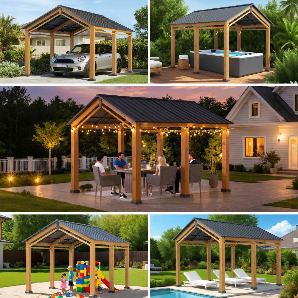 SUNJOY 11x13 Small Wooden Carport Gazebo with Ceiling Hook