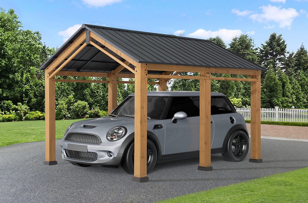 SUNJOY 11x13 Small Wooden Carport Gazebo with Ceiling Hook