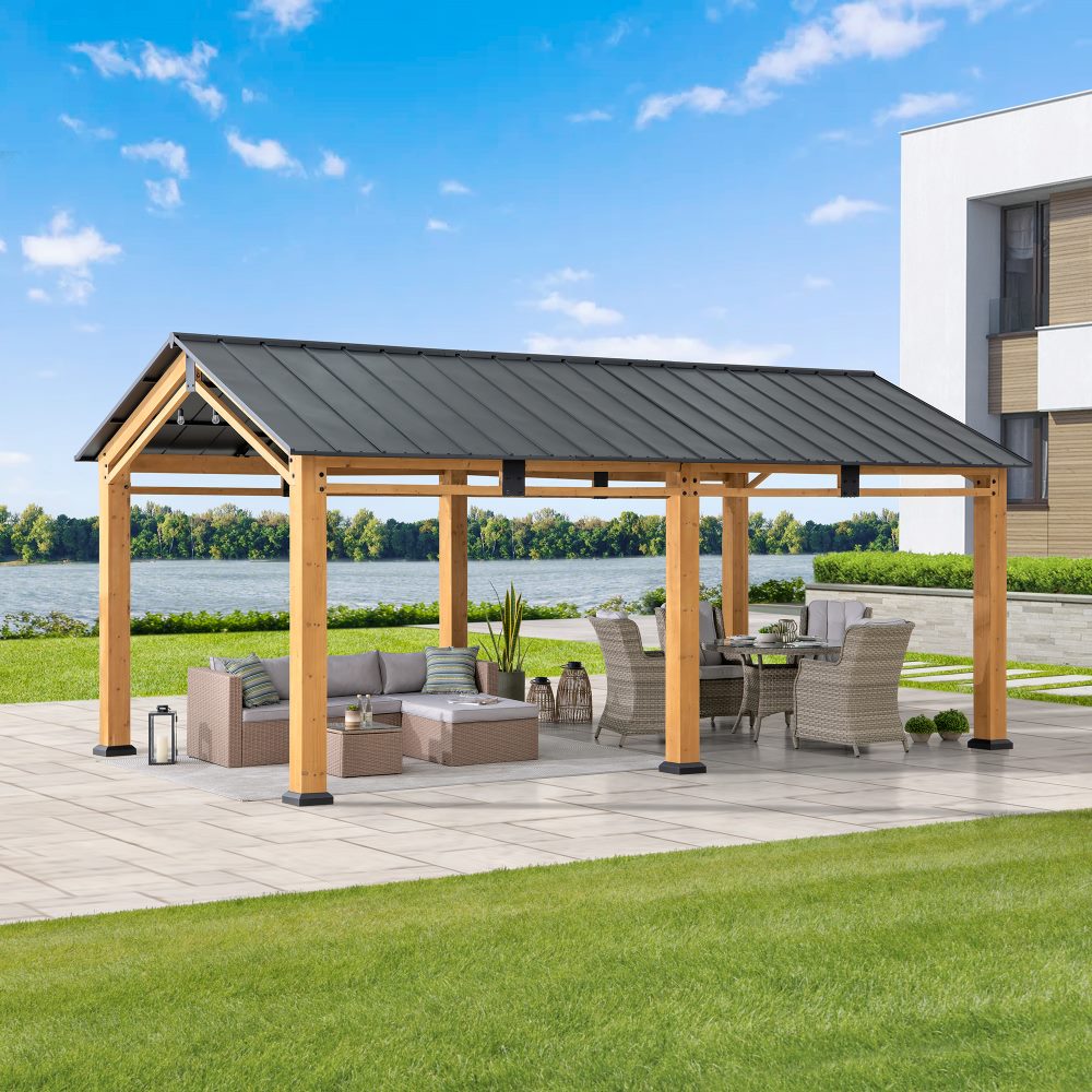 SUNJOY 11x20 Wood Carport Gazebo Kits with Ceiling Hooks.
