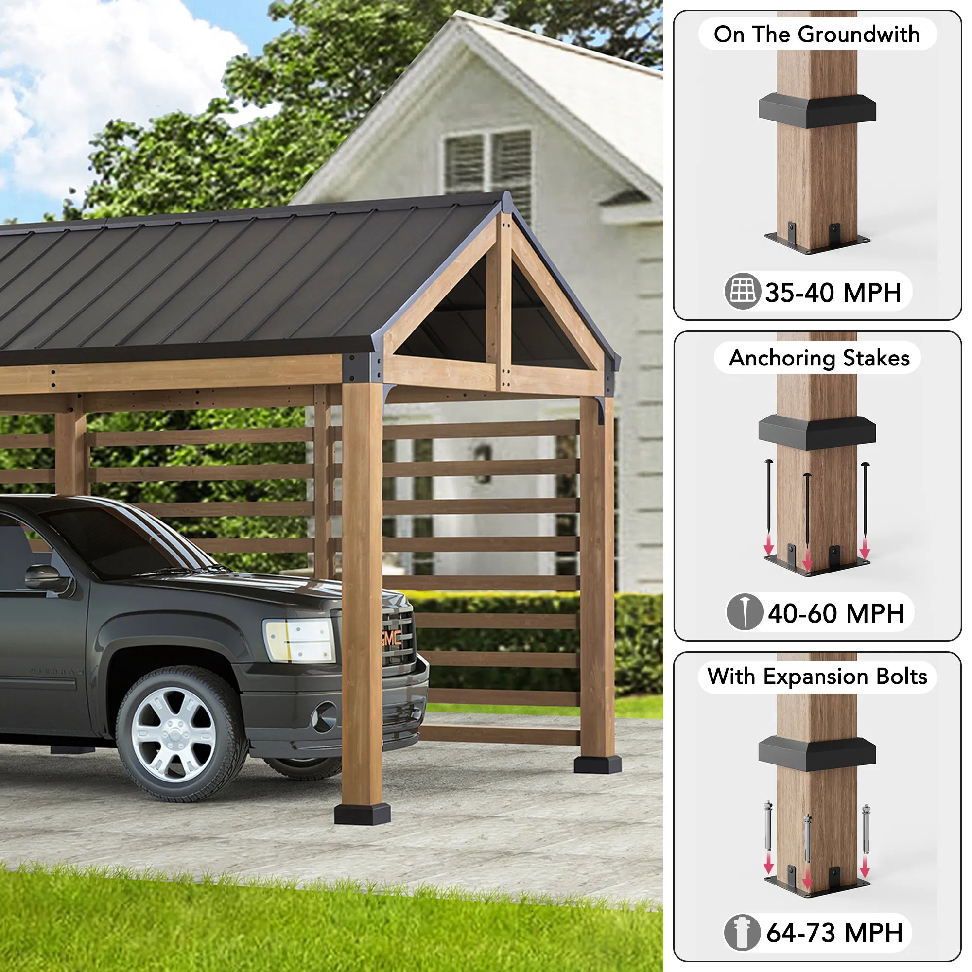 SUNJOY Newville 10x20 Wood Carport with Privacy Wall and Rain Gutter