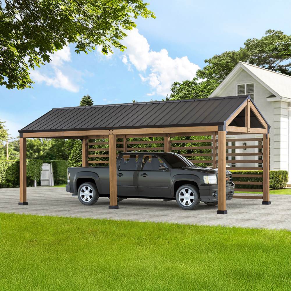 SUNJOY Newville 10x20 Wood Carport with Privacy Wall and Rain Gutter