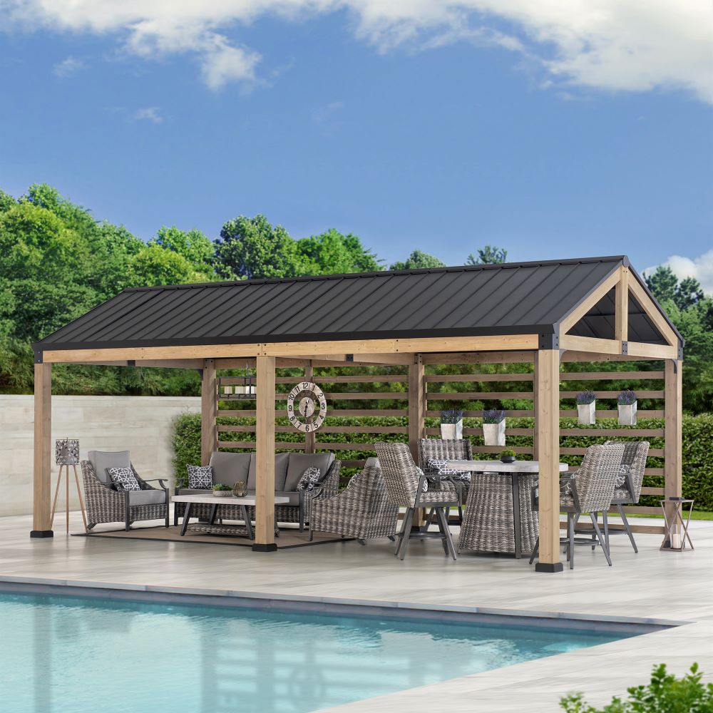 SUNJOY Newville 10x20 Wood Carport with Privacy Wall and Rain Gutter