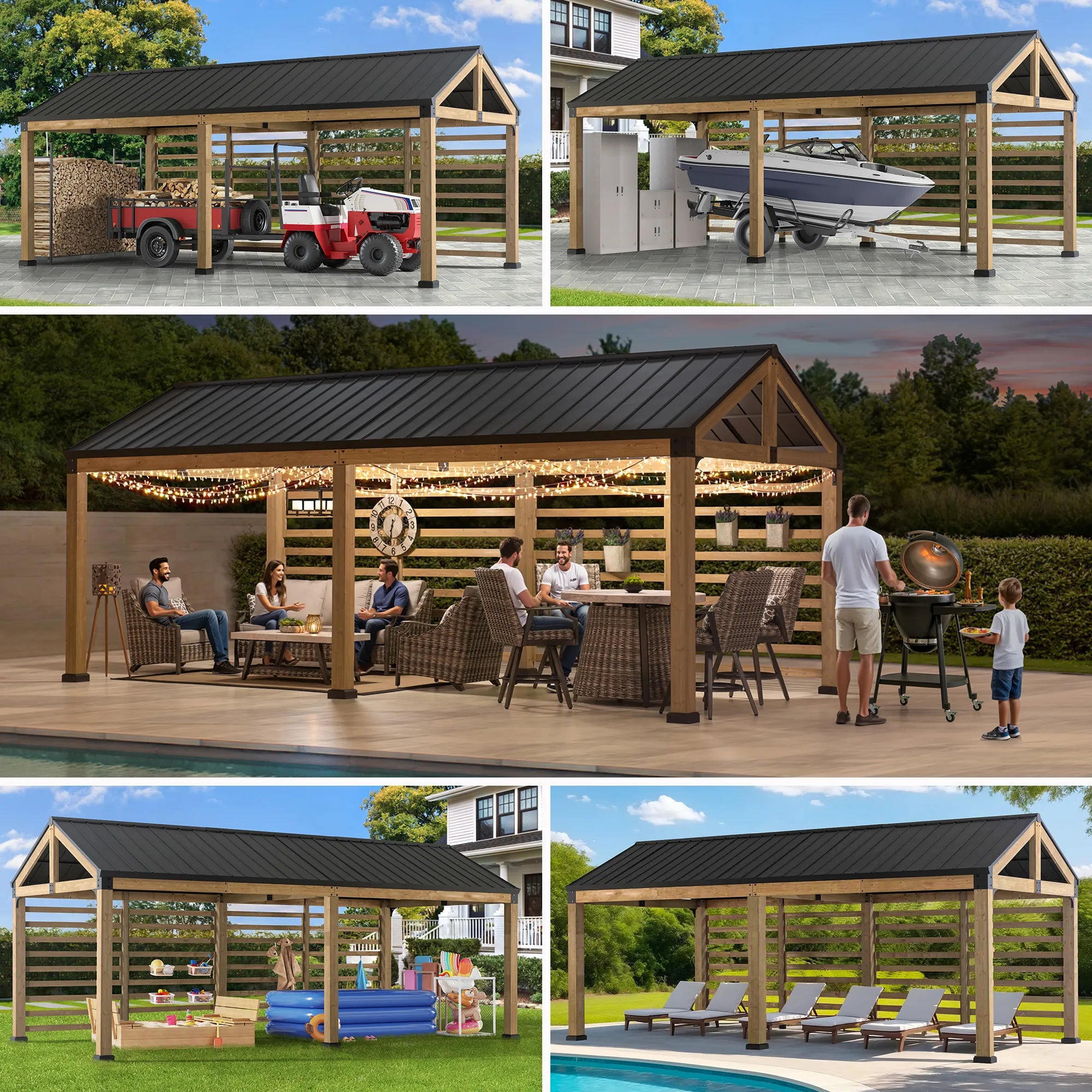 SUNJOY Newville 10x20 Wood Carport with Privacy Wall and Rain Gutter