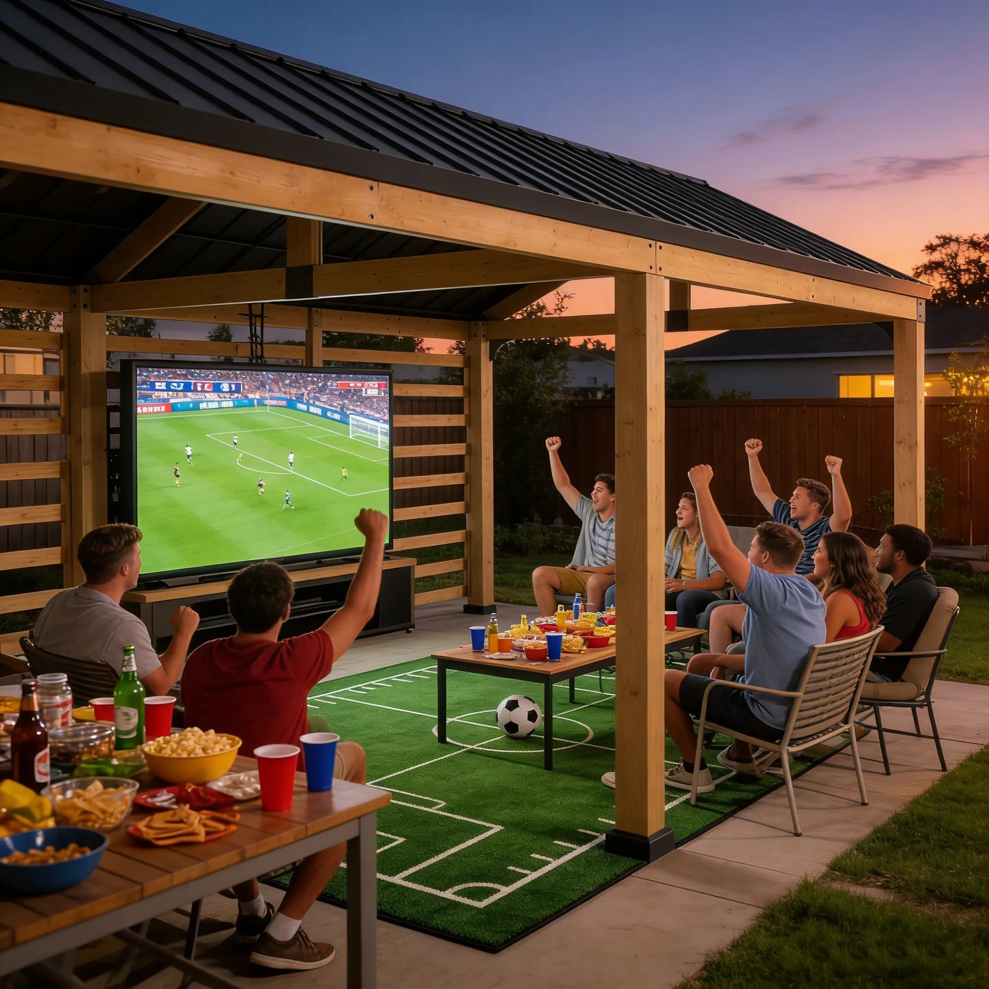 People watching a soccer match on a large screen TV in an outdoor pavilion.