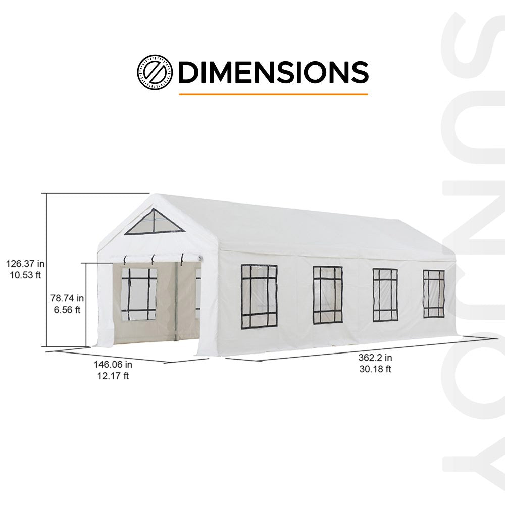 SUNJOY 12x30 Sundale Party Tent with 8 Removable PE Windows and 2 Roll-up Side Walls.