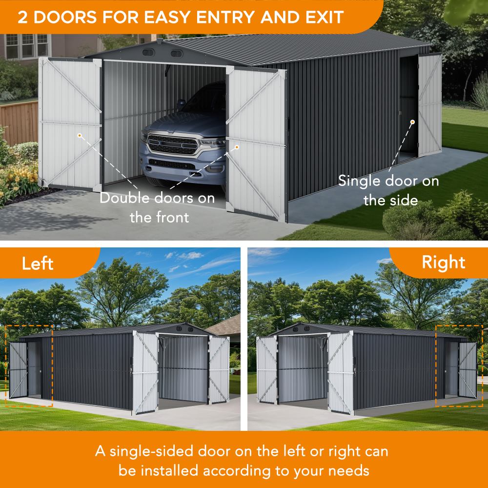 SUNJOY 10x20 Storage Shed Kits with Lockable Doors and Vents.