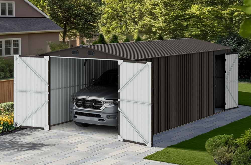 SUNJOY 10x20 Storage Shed Kits with Lockable Doors and Vents