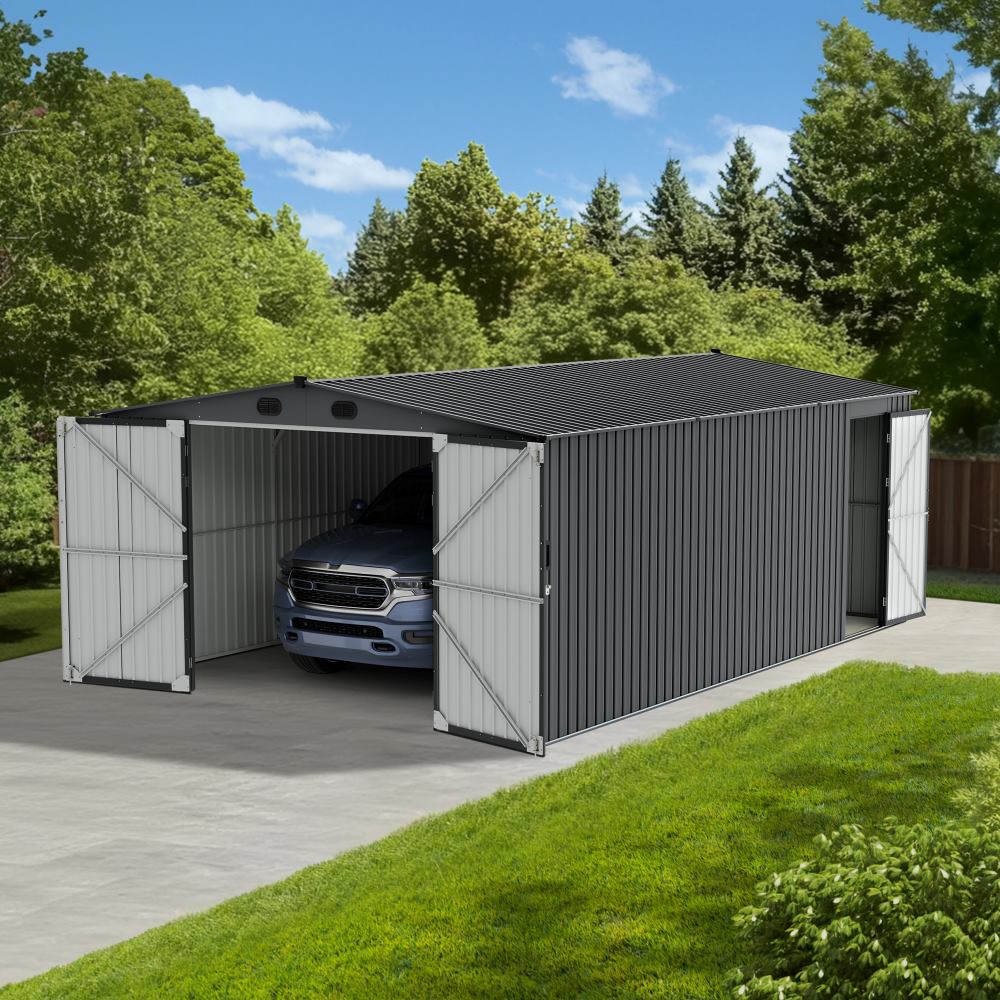 SUNJOY 13x20 Metal Shed Kits with Lockable Doors and Vents.