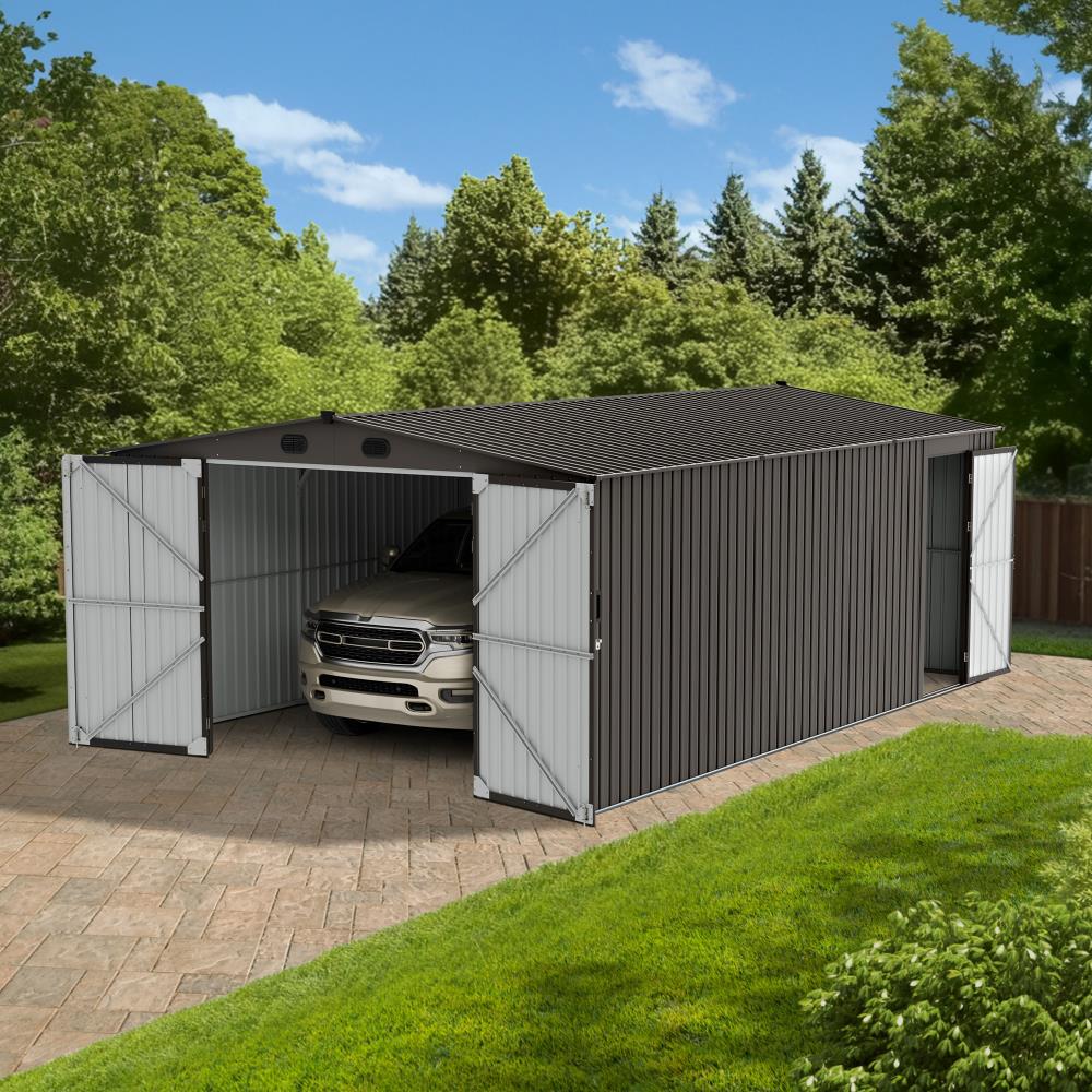 SUNJOY 13x20 Metal Shed Kits with Lockable Doors and Vents - Tan
