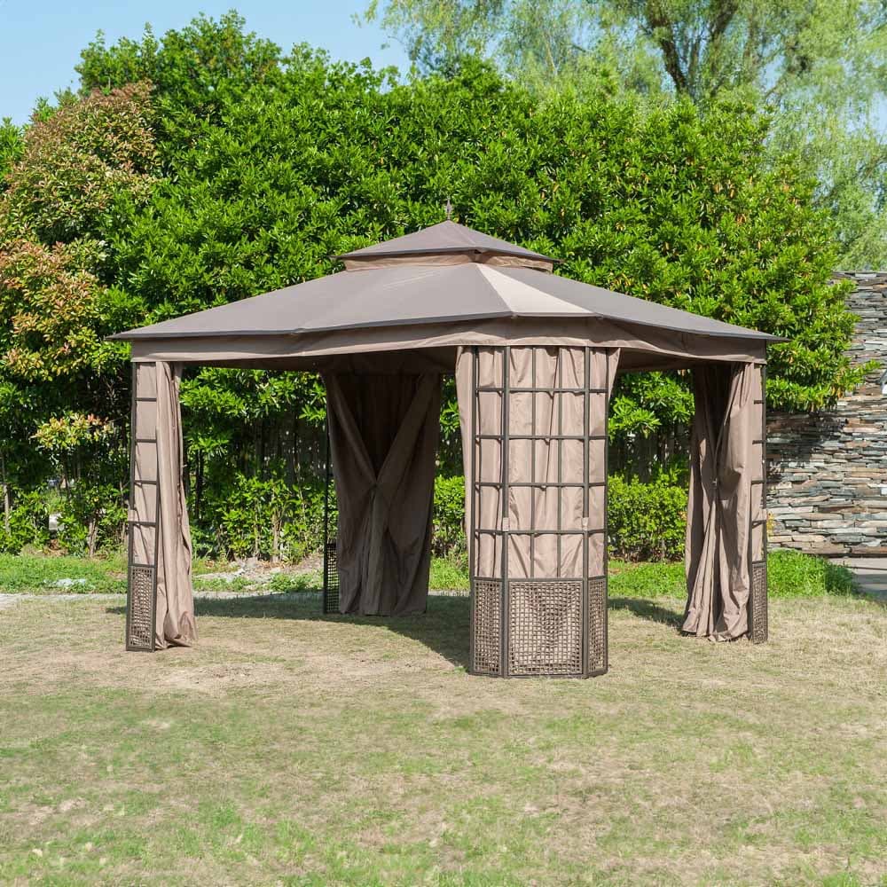 SUNJOY Khaki+Dark Brown Replacement Canopy For Brenner Gazebo (10X12 Ft) L-GZ1261PST Sold At Home Depot.