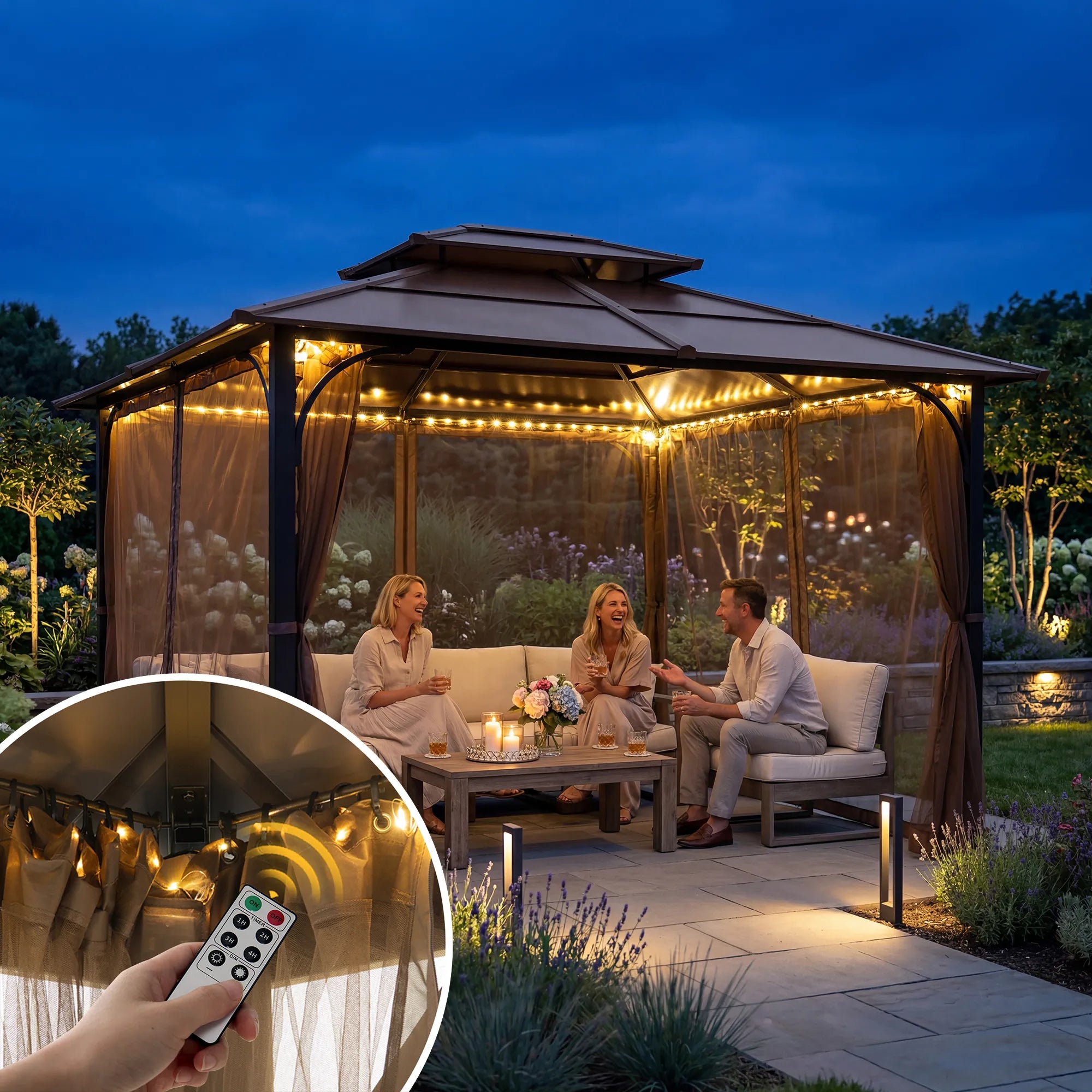 SUNJOY Mosquito Netting for 10x12 Hardtop Gazebo with Warm White LED Lights